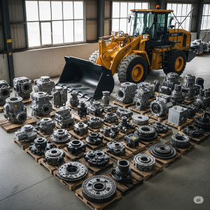 قطعات موتور و گیربکس Caterpillar در یک انبار، با لودر چرخ‌دار در پس‌زمینه.