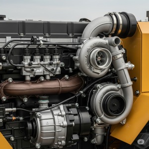 نمای نزدیک از موتور دیزلی Caterpillar C15 با دو توربوشارژر.